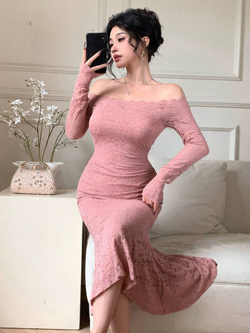 Women's Lace Panel Long Party Dress Elegant,Ruffle