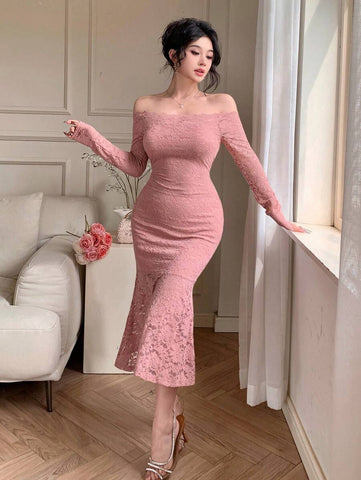 Women's Lace Panel Long Party Dress Elegant,Ruffle