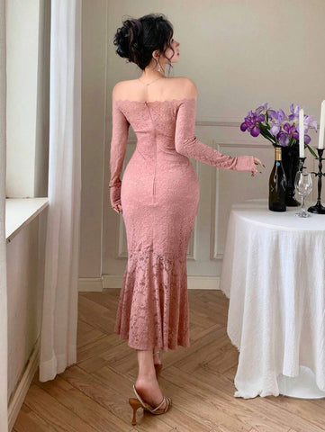Women's Lace Panel Long Party Dress Elegant,Ruffle