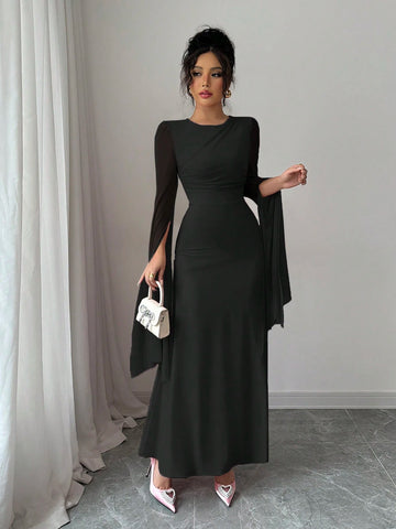 Elenzga Women's Solid Color V-Neck Split Sleeve Elegant Long Dress