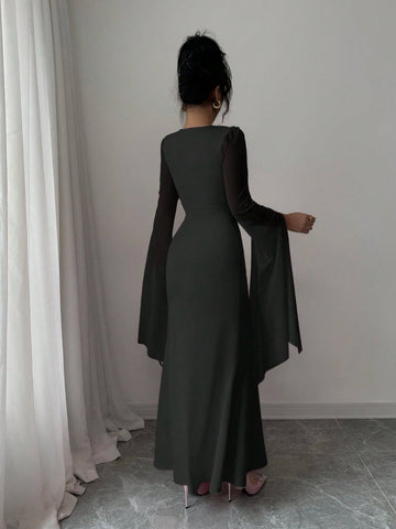 Elenzga Women's Solid Color V-Neck Split Sleeve Elegant Long Dress