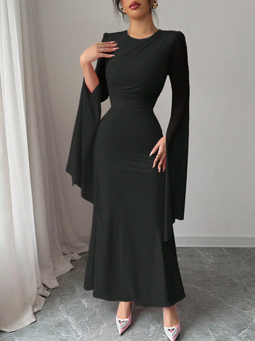 Elenzga Women's Solid Color V-Neck Split Sleeve Elegant Long Dress