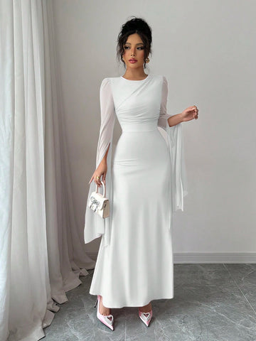 Elenzga Women's Solid Color V-Neck Split Sleeve Elegant Long Dress