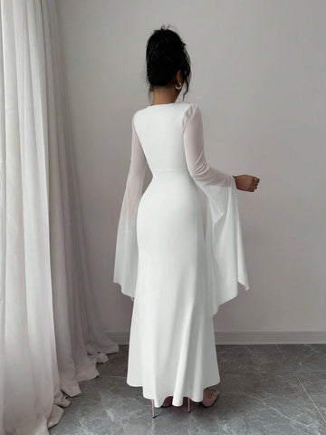 Elenzga Women's Solid Color V-Neck Split Sleeve Elegant Long Dress