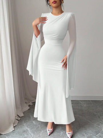 Elenzga Women's Solid Color V-Neck Split Sleeve Elegant Long Dress