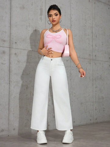 Women's Bow Embroidered Pocket Wide Leg Loose Casual Jeans