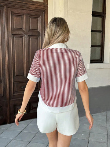 Women's Striped Patchwork Contrast Color Lapel Pocket Short Sleeve Casual Shirt