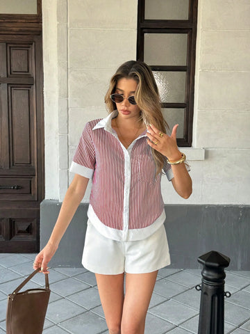 Women's Striped Patchwork Contrast Color Lapel Pocket Short Sleeve Casual Shirt