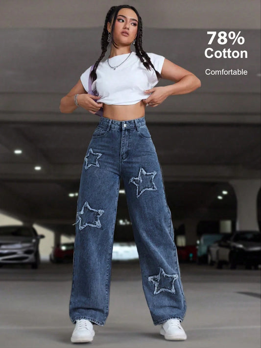 Women Casual Star Embroidered Denim Jeans