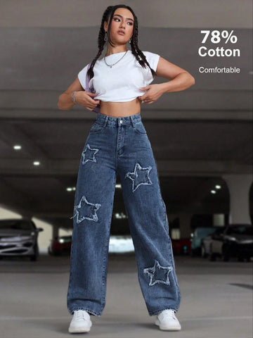Women Casual Star Embroidered Denim Jeans