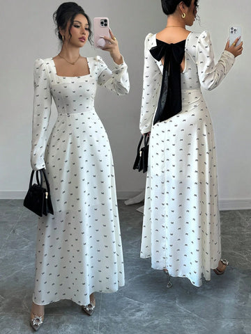 Modely Women's Bow Print Patchwork Waist A-Line Dress