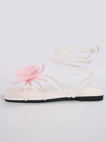 French Style Floral Strap Flat Slide Sandals
