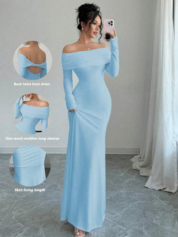 Elegant Fitted Long Sleeve Cinched Waist Double Layer Off-Shoulder Backless Twist Fishtail Hem Ribbed Knit Dress