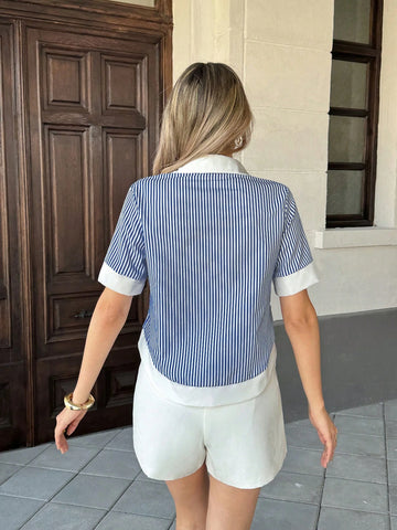 Women's Striped Patchwork Contrast Color Lapel Pocket Short Sleeve Casual Shirt