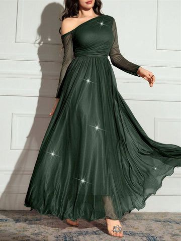 Women's Solid Color Asymmetrical Neck Long Sleeve Sparkly Glamorous Elegant Dress