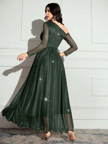 Women's Solid Color Asymmetrical Neck Long Sleeve Sparkly Glamorous Elegant Dress