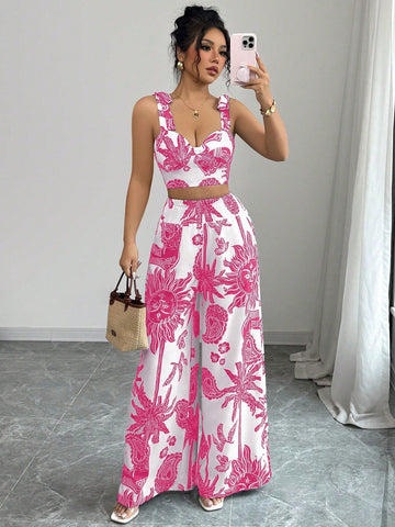 Bohemian Style Print Bib Strap Crop Top With Tie Waist Straight Leg Pants