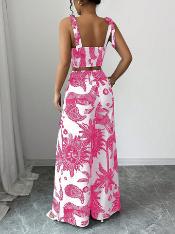 Bohemian Style Print Bib Strap Crop Top With Tie Waist Straight Leg Pants