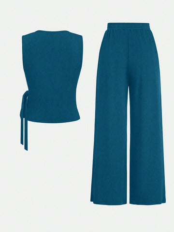 2pcs Set Women Solid Color Side Tie Tank Top And Wide Leg Pants