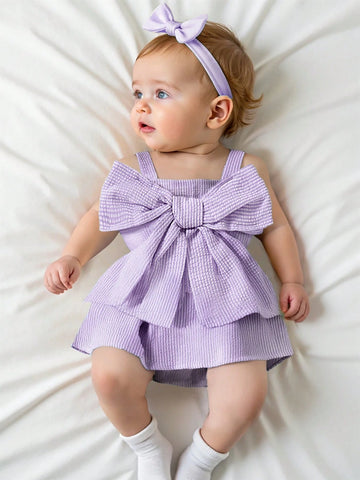Baby Girls' Summer Casual Cute Car & Butterfly Knot Strap Striped Romper