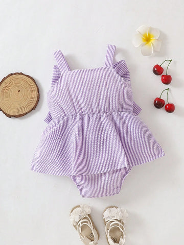 Baby Girls' Summer Casual Cute Car & Butterfly Knot Strap Striped Romper