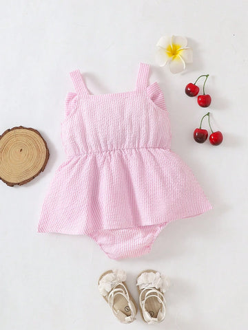 Baby Girls' Summer Casual Cute Car & Butterfly Knot Strap Striped Romper