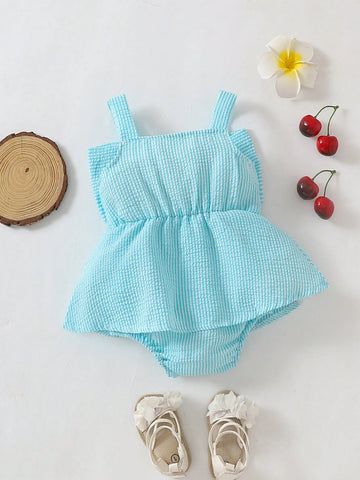 Baby Girls' Summer Casual Cute Car & Butterfly Knot Strap Striped Romper