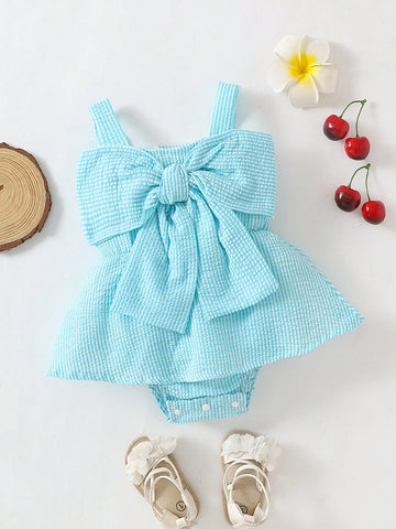 Baby Girls' Summer Casual Cute Car & Butterfly Knot Strap Striped Romper