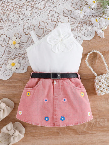 Sweet Cute Street-Style Asymmetric Neck Strap Flower Decor Top Matching Denim Skirt