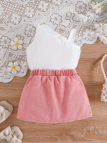 Sweet Cute Street-Style Asymmetric Neck Strap Flower Decor Top Matching Denim Skirt