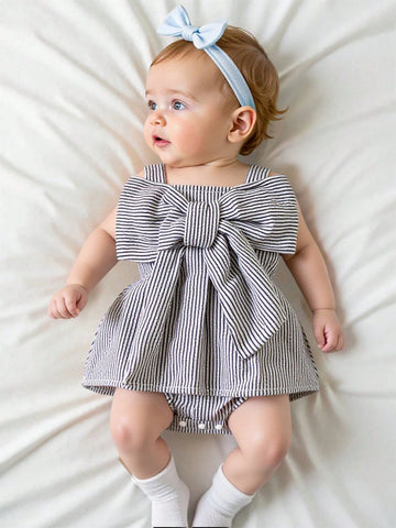 Baby Girls' Summer Casual Cute Car & Butterfly Knot Strap Striped Romper