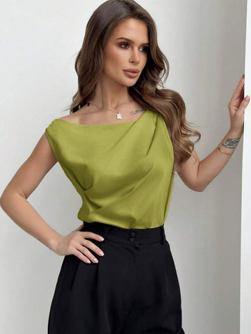 Asymmetrical Ruched Neckline Sleeveless Women Blouse