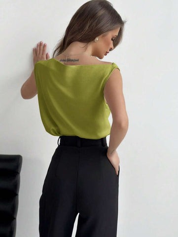 Asymmetrical Ruched Neckline Sleeveless Women Blouse