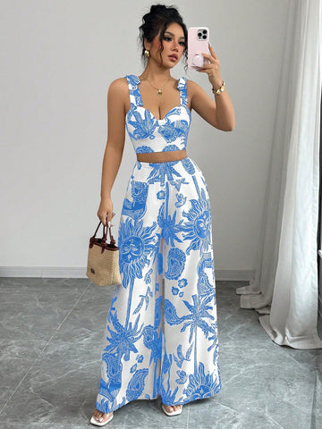 Bohemian Style Print Bib Strap Crop Top With Tie Waist Straight Leg Pants