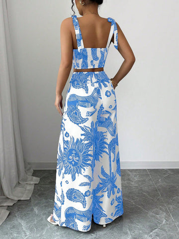 Bohemian Style Print Bib Strap Crop Top With Tie Waist Straight Leg Pants
