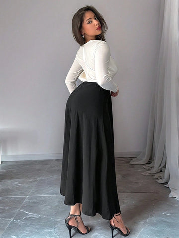 Women's Elegant Solid Asymmetric Collar Long Sleeve Ruched Waist Aline Dress