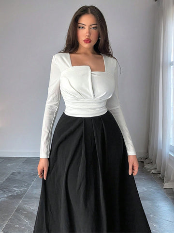 Women's Elegant Solid Asymmetric Collar Long Sleeve Ruched Waist Aline Dress
