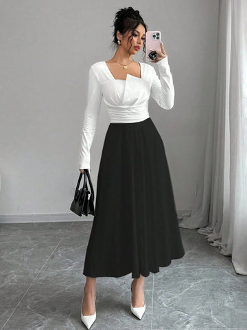 Women's Elegant Solid Asymmetric Collar Long Sleeve Ruched Waist Aline Dress