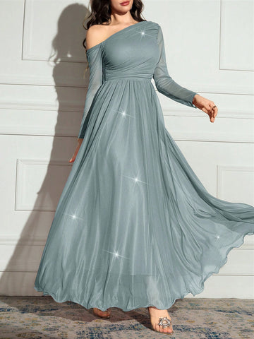 Women's Solid Color Asymmetrical Neck Long Sleeve Sparkly Glamorous Elegant Dress