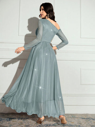 Women's Solid Color Asymmetrical Neck Long Sleeve Sparkly Glamorous Elegant Dress