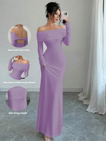 Elegant Fitted Long Sleeve Cinched Waist Double Layer Off-Shoulder Backless Twist Fishtail Hem Ribbed Knit Dress