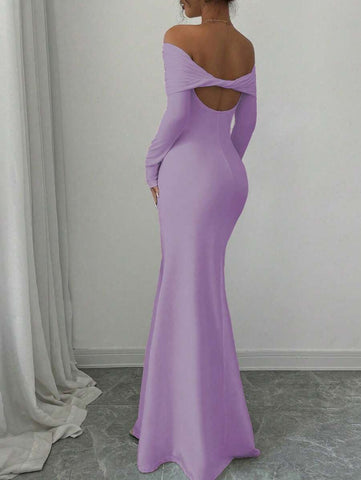 Elegant Fitted Long Sleeve Cinched Waist Double Layer Off-Shoulder Backless Twist Fishtail Hem Ribbed Knit Dress