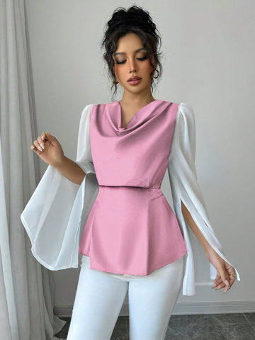 Women's High-Quality Swing Collar Draped Stitching Cinched Waist Chiffon Sheer Split Sleeve Blouse