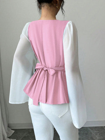Women's High-Quality Swing Collar Draped Stitching Cinched Waist Chiffon Sheer Split Sleeve Blouse