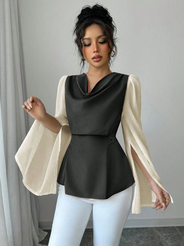 Women's High-Quality Swing Collar Draped Stitching Cinched Waist Chiffon Sheer Split Sleeve Blouse