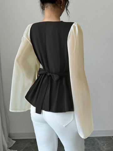 Women's High-Quality Swing Collar Draped Stitching Cinched Waist Chiffon Sheer Split Sleeve Blouse