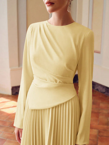 ZEYLAH SOLID RUCHED WAIST PLEATED HEM DRESS