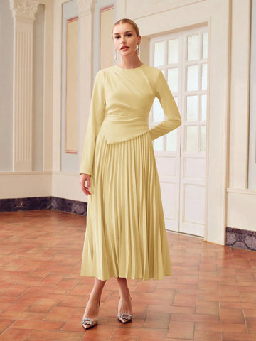 ZEYLAH SOLID RUCHED WAIST PLEATED HEM DRESS