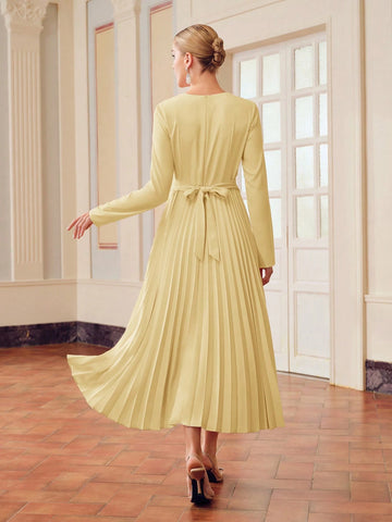 ZEYLAH SOLID RUCHED WAIST PLEATED HEM DRESS