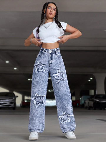 Women Casual Star Embroidered Denim Jeans